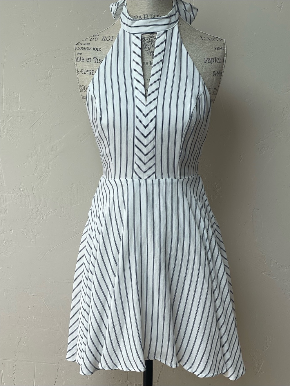 NWT - Essue White and Black Striped Halter Strappy Back Fit-and-Flare Mini Dress
